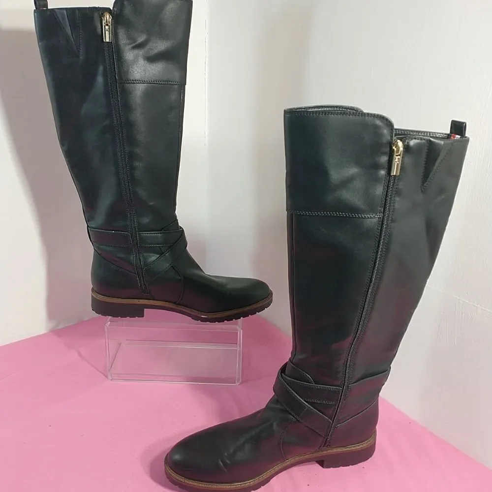 Tommy Hilfiger Womens SZ 9.5M Black Leather Knee-High Riding Boots With Zipper .